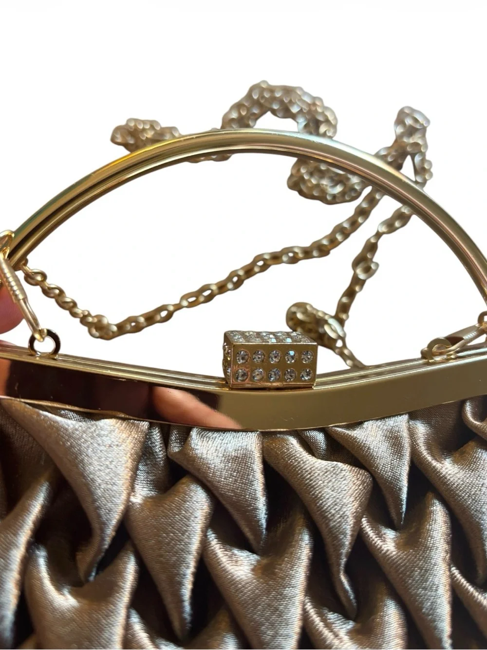 NWT Gold Pleated Satin Evening Clutch with Rhinestone Clasp Chain Strap Event